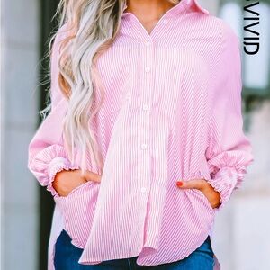 Asvivid Pink Striped button down with pockets and ruffle sleeves